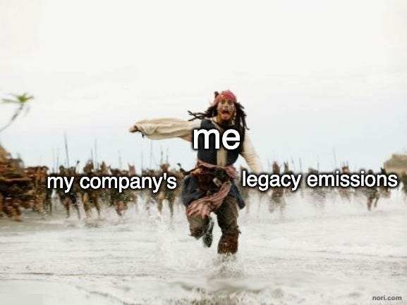 Jack Sparrow running from a crowd on a beach. He is labelled "me," and the crowd chasing him is labelled "my company's legacy emissions."