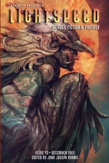 Cover description: Background is a large orange and yellow sun. Foreground is a profile of man wearing helmet that looks like a bird of prey and cloak that resembles feathers.