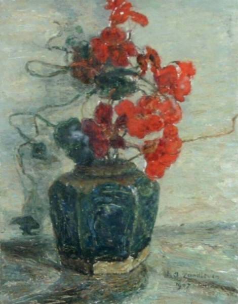 Stillevens met gemberpot en bloemen uit de 20e eeuw