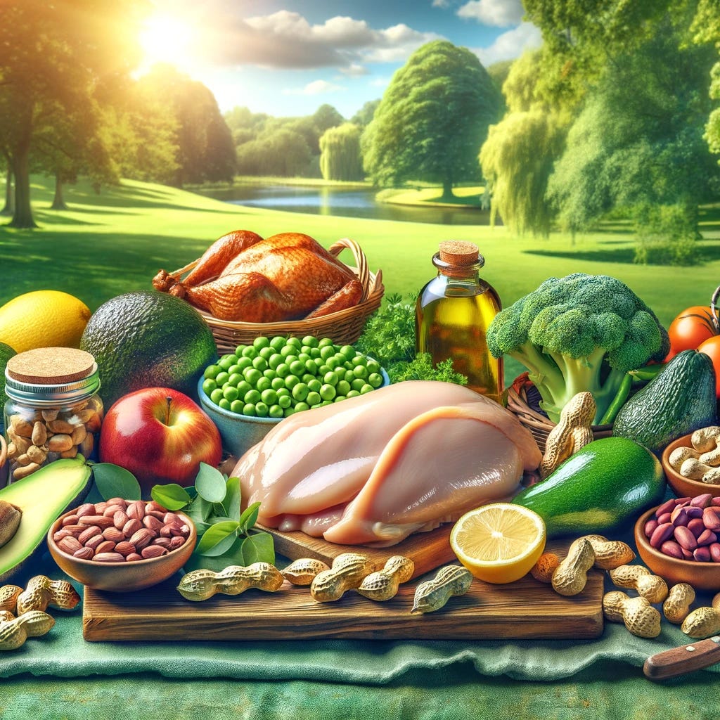 A vibrant, engaging scene showcasing a variety of niacin-rich foods such as avocados, turkey, chicken, peanuts, mushrooms, and green peas arranged on a picnic table. The table is set outdoors in a sunny, serene park setting, emphasizing a healthy, nutritious diet that supports liver health. The background features lush greenery, symbolizing the connection between dietary health and nature. The composition is colorful and inviting, without any alphabets or numbers, to visually convey the concept of dietary wellness and liver support.