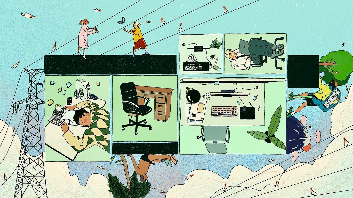 Within the frames are people bound to their office cubicles; beyond them, individuals work freely from diverse locations, connected through digital signals. Within the frames are people bound to their office cubicles; beyond them, individuals work freely from diverse locations, connected through digital signals.