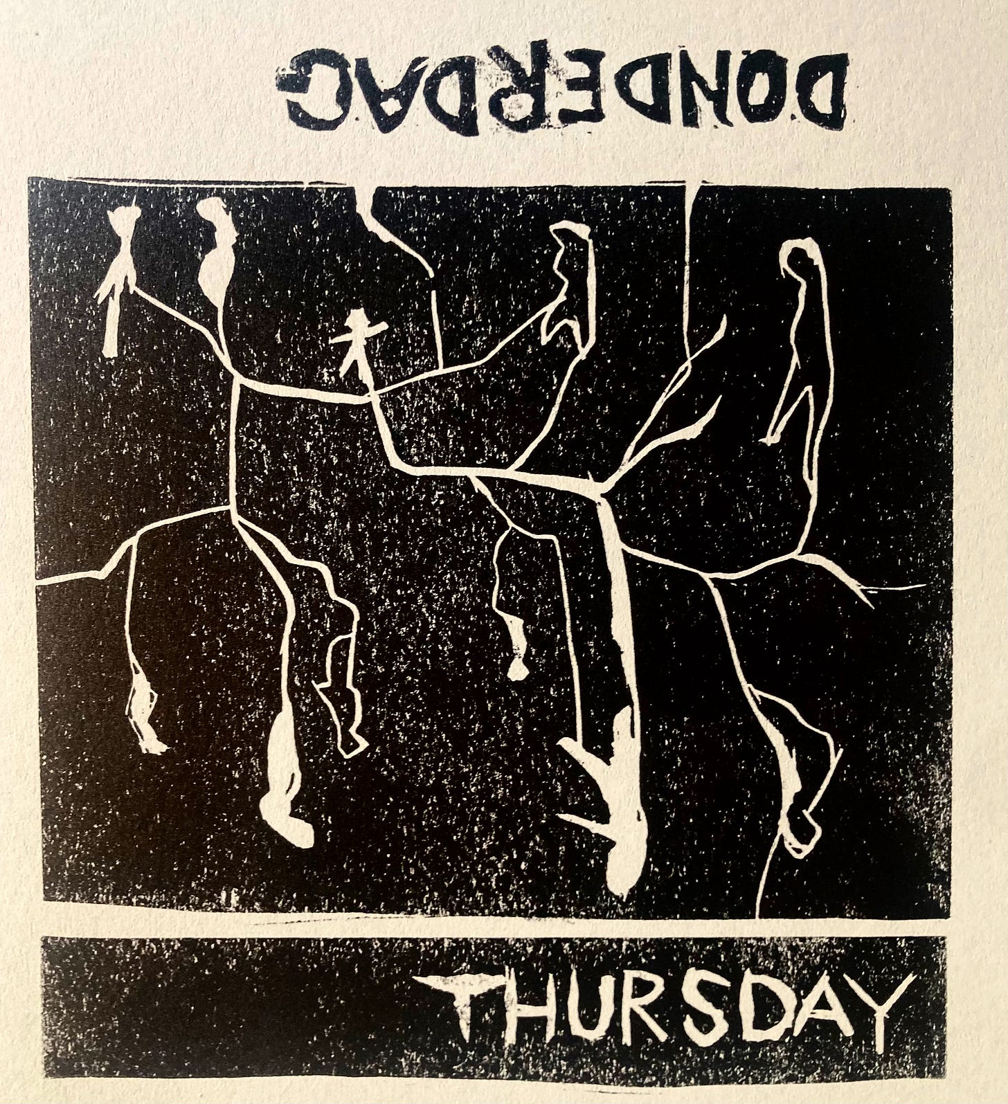 lino cut in b/w with the words 'donderdag' and 'thursday' and a drawing of humanoid figures in a root system