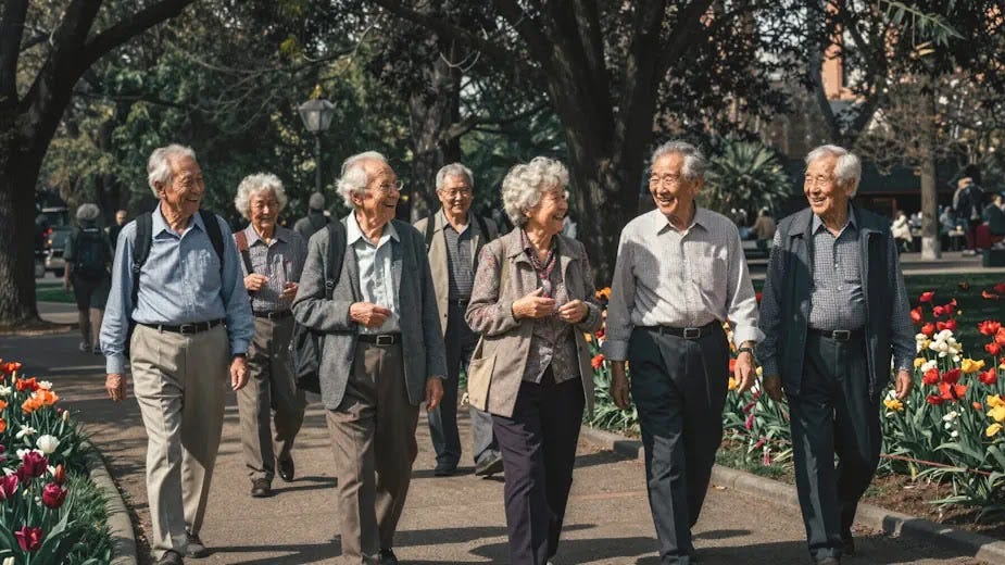 A lively group of senior citizens leisurely strolls through a sunlit park, enjoying the gentle breeze and the vibrant colors of blooming flowers around them. Their laughter resonates in the air as they share stories and moments of joy, embodying a spirit of camaraderie and vitality despite the years.