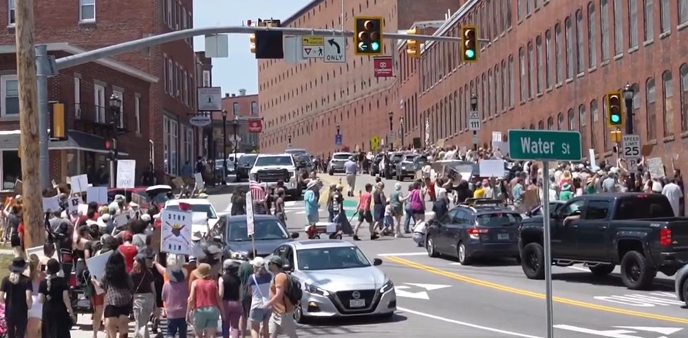 Large crowds of protesters filled the small-town streets of Biddeford, Maine, after ICE Agents fatally shot a man there on Monday, July 13, 2026. (image via @KimKatieUSA on x.com) Large crowds of protesters filled the small-town streets of Biddeford, Maine, after ICE Agents fatally shot a man there on Monday, July 13, 2026. (image via @KimKatieUSA on x.com)