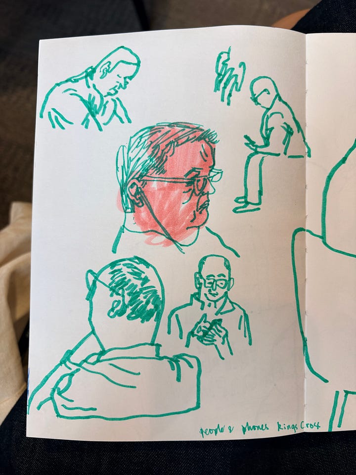 Drawings of men looking at phones drawn from life