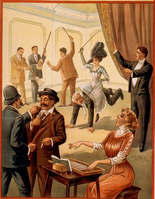 Period depiction of a hypnotist's work on a room of upper-class subjects.