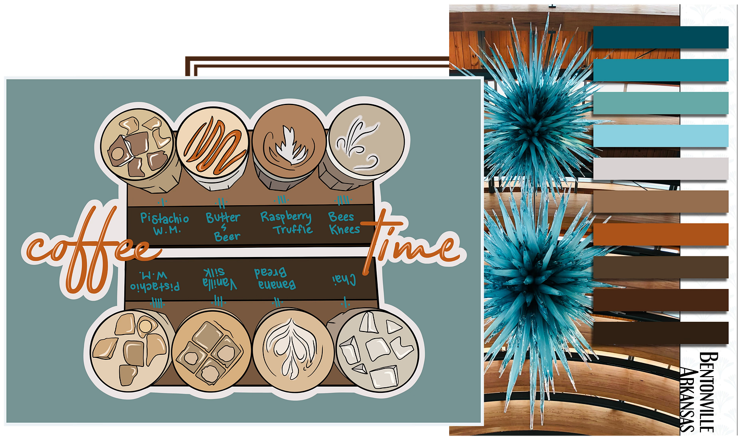 Collage showing a hand-drawn coffee tasting chart labeled “coffee time” alongside a blown-glass sculpture from Crystal Bridges and the color palette inspired by it.