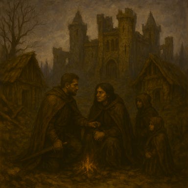 A dark fantasy image of the adventuring party arriving in the shadow of Argynvostholt. The ruined fortress looms above on a rocky hill, its broken towers silhouetted against a stormy dusk sky. The party stands at the edge of the forest, emerging from mist and pine — Fleetwood (reminiscent of Richard Armitage) with sword drawn, Clarion (reminiscent of Gwendoline Christie with black hair) scanning the battlements, Silverleaf (reminiscent of Tatiana Maslany) clutching a raven feather, Felonious (reminiscent of Ben Whishaw) sketching sigils in the mud, Greegan (reminiscent of Matt Ryan) rolling bone dice, Ireena (reminiscent of Tamsin Mackenzie) holding the spirit mirror, and Arabelle (reminiscent of Cailee Spaeny) placing a sprig of lavender on a mossy stone. The wind stirs their cloaks. The atmosphere is tense, reverent, and mythic.