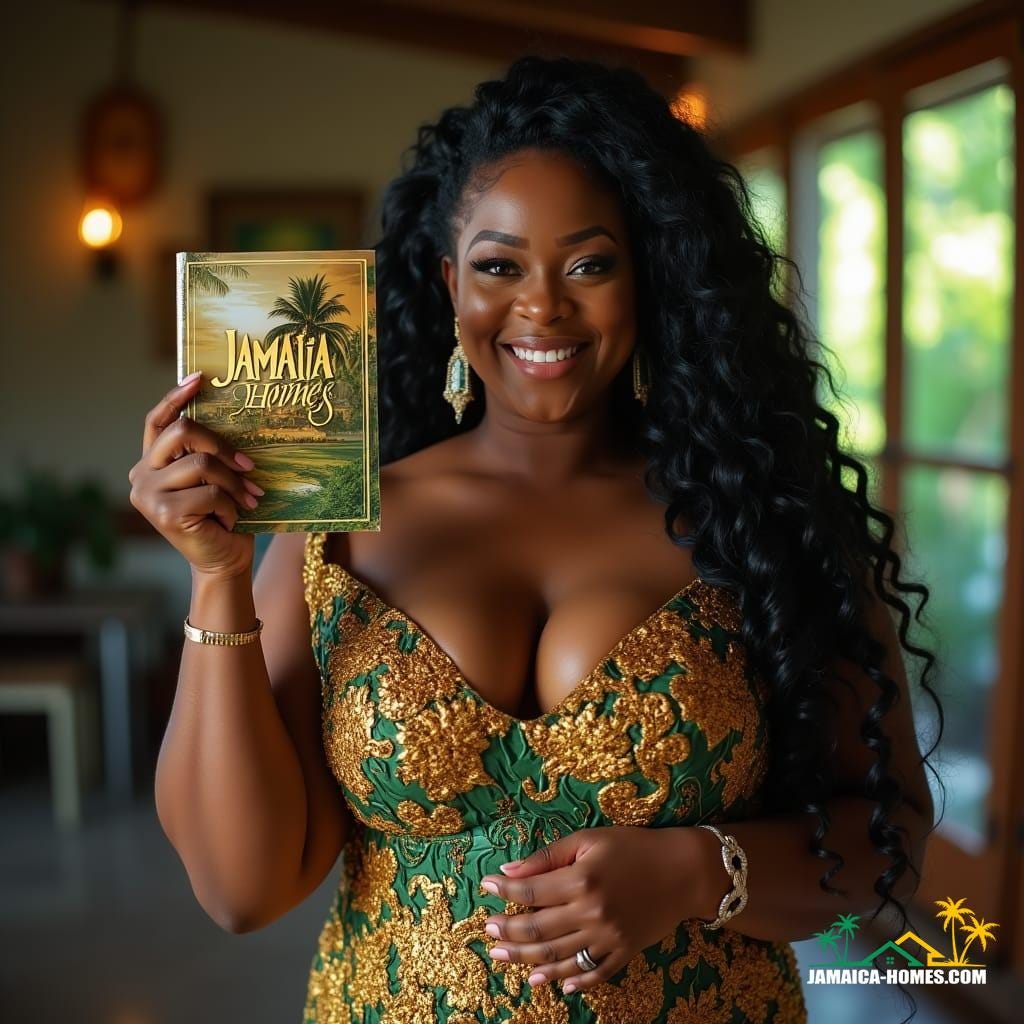 Regal, plus-sized, Jamaica-born woman of mixed heritage, exuding beauty and confidence, adorned in a stunning, floor-length, formal gown, intricately designed with Caribbean flair, her dark hair styled in luscious dreadlocks, accentuating her bright, warm smile, as she proudly holds a glossy brochure emblazoned with "Jamaica Homes" in bold, golden lettering, her eyes gleaming with a sense of accomplishment, a top-performing realtor in the Caribbean's lush, tropical paradise, captured in a breathtaking, cinematic film still