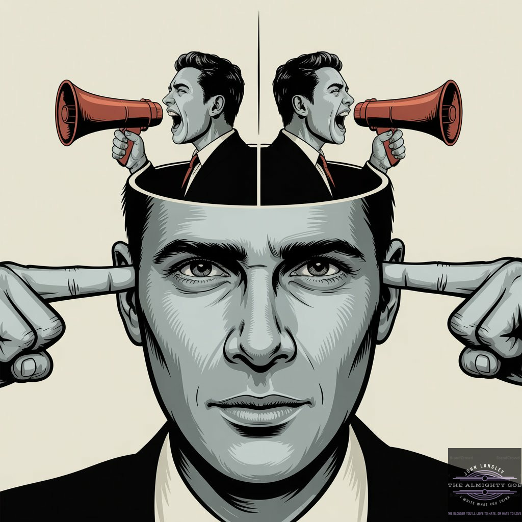 Editorial illustration showing a split-brain concept: a neutral male face below an open skull containing two figures — one shouting into a megaphone on the left, one mirroring the gesture on the right — while the face below blocks its own ears. Representing industrialised emotion, tribal conformity, and the loss of authentic thought. www.thealmightygob.com