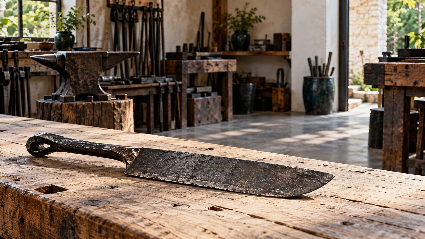 A single dark iron blade rests on a wooden bench in a sunlit contemporary blacksmith’s workshop.