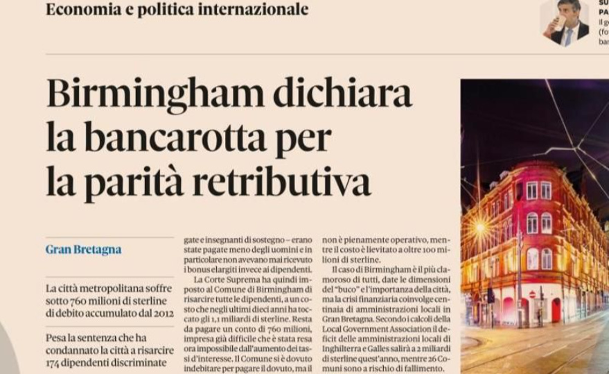 Birmingham dichiara la bancarotta per parità retributiva