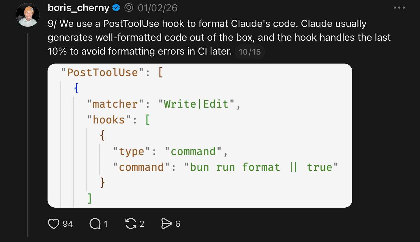 Boris using post tool use hooks for code formatting