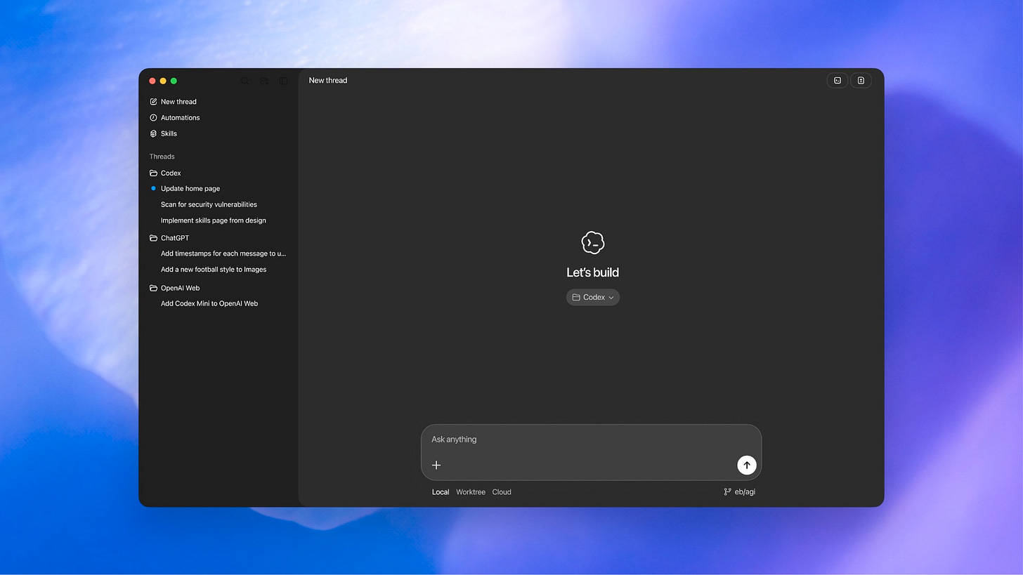Screenshot of the Codex Mac app, showing an agent-first design