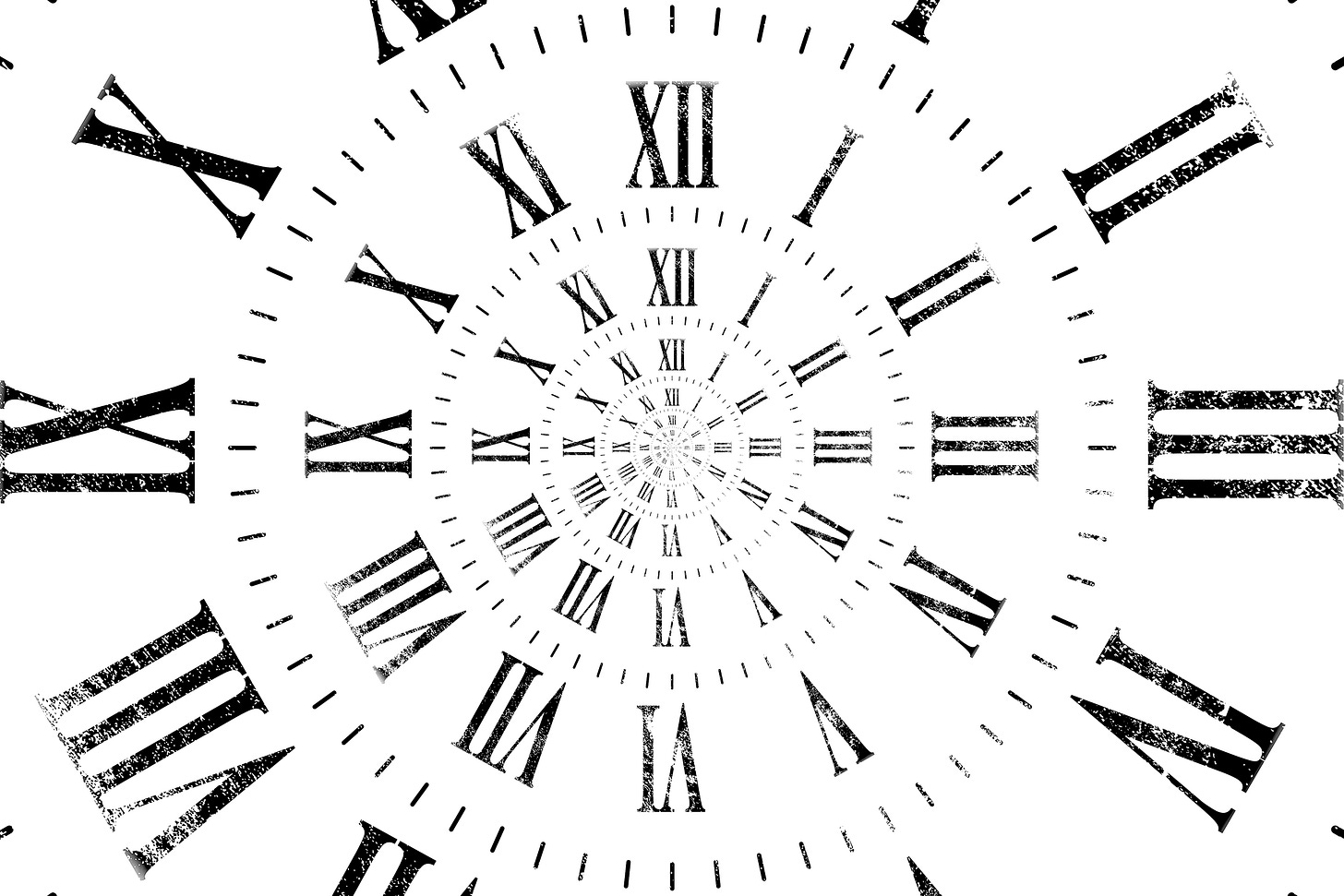 Spiral clock made of Roman numerals illustrating time compression and protected hours.