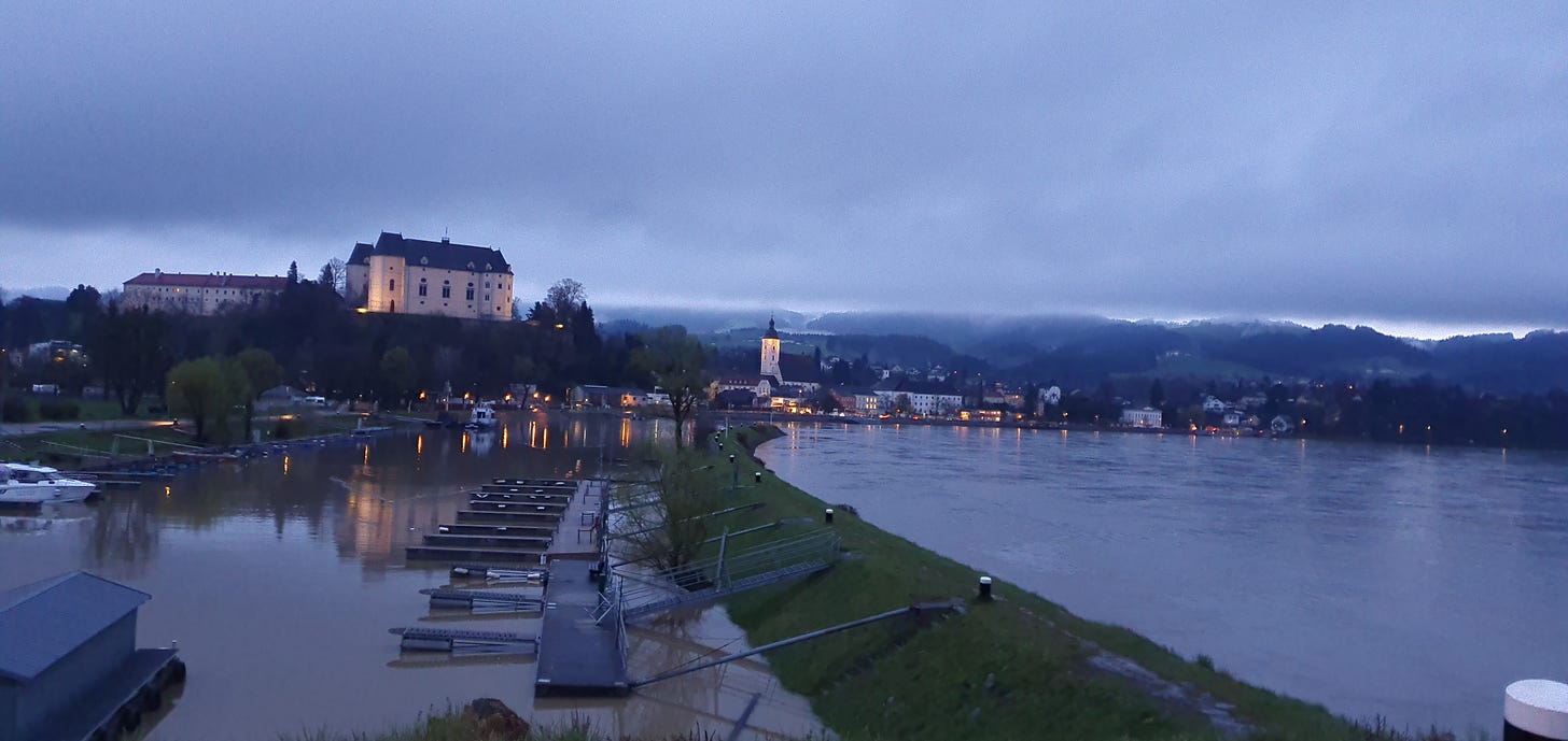 Austrian city at dusk on the Danube river
