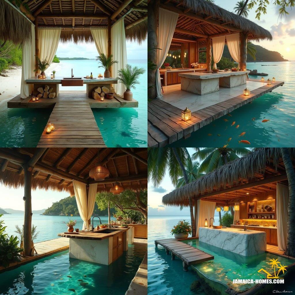 A serene, driftwood-hewn floating kitchen, anchored in the crystalline turquoise waters of Ocho Rios