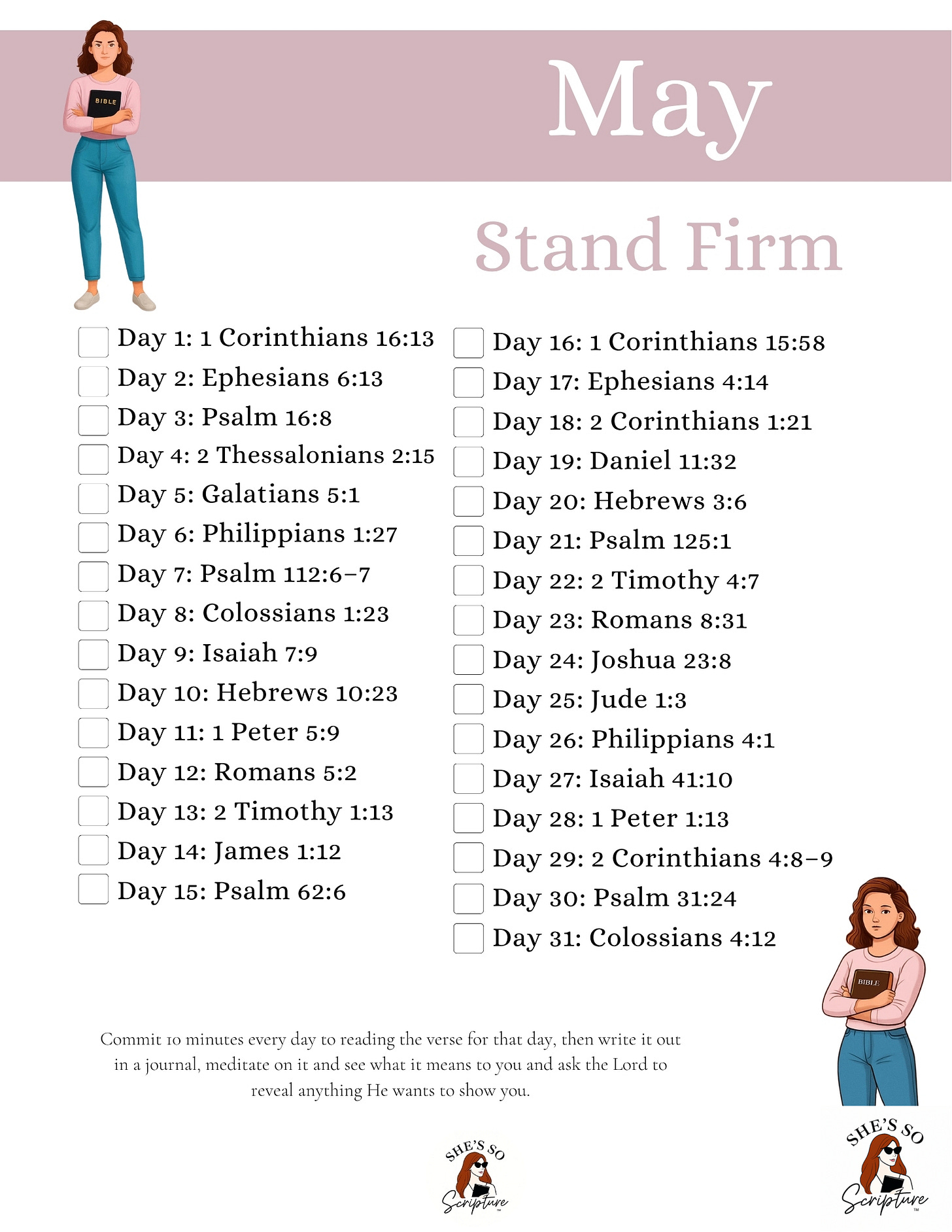 She's So Scripture May "Stand Firm" scripture writing plan and Bible reading plan — 31 daily verses listed on a clean white layout with a dusty pink header and illustrated women holding Bibles.