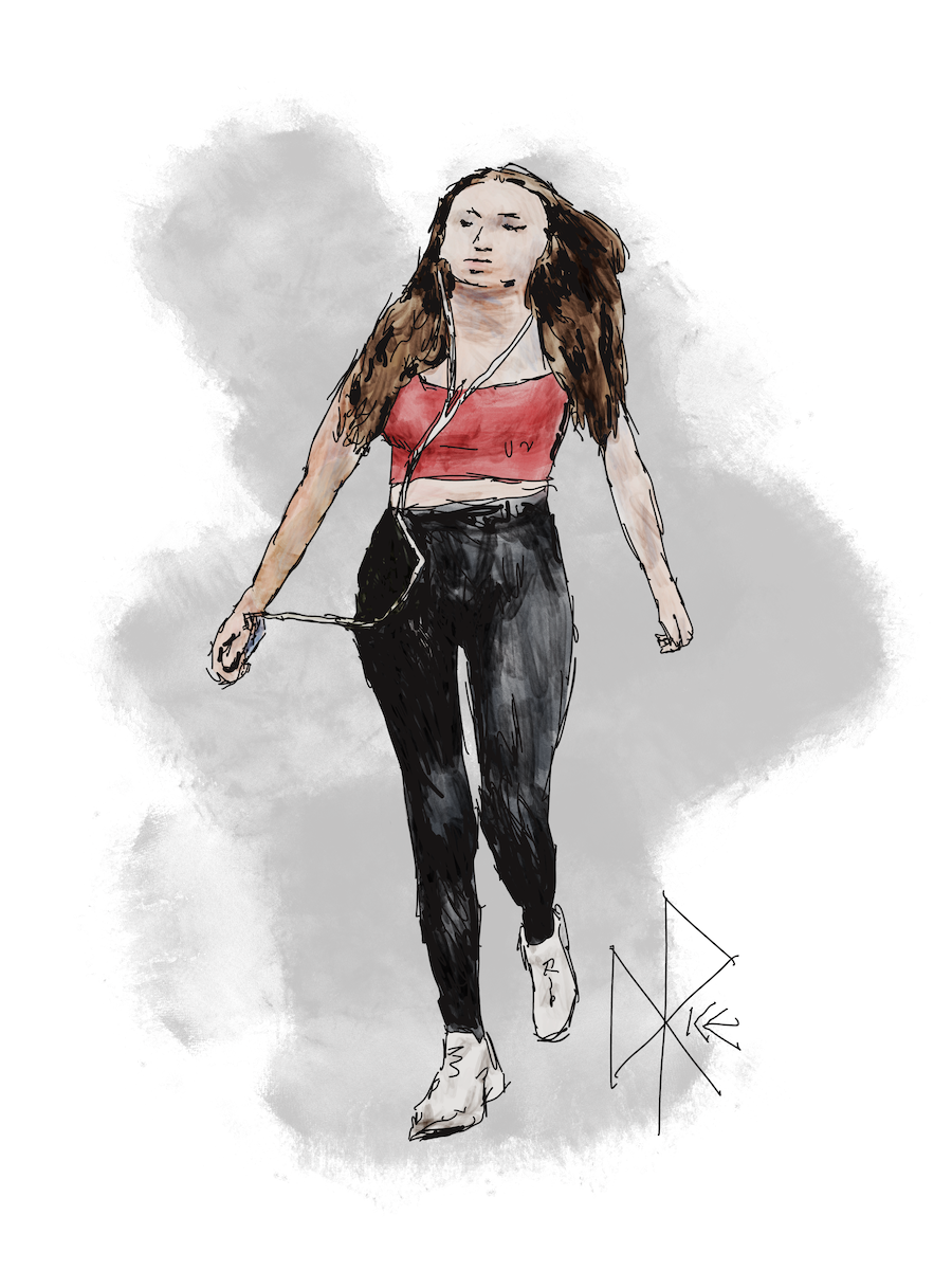 A woman wearing active apparel holds her phone in one hand during a workout, listening to music through the attached wired earbuds. Sketch art by Don Rice.