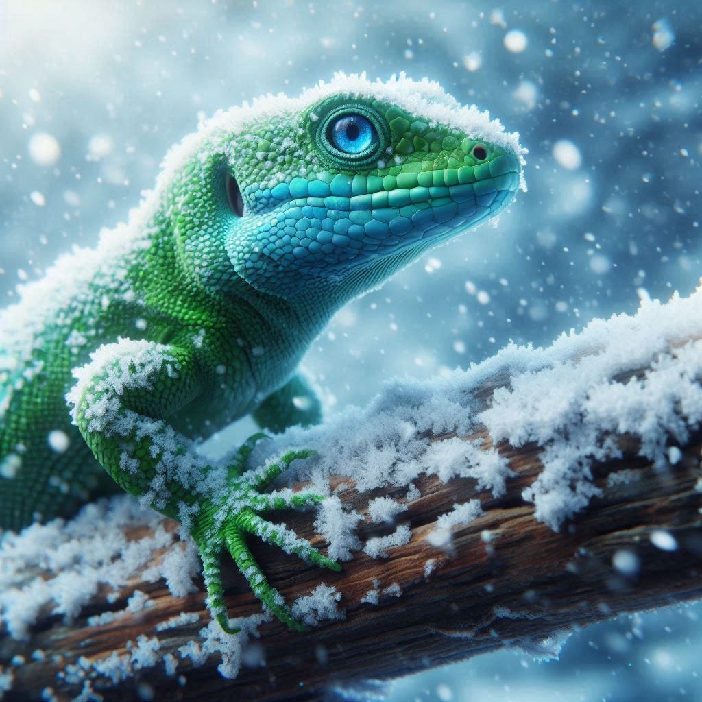 a lizard in a blizzard photorealistic