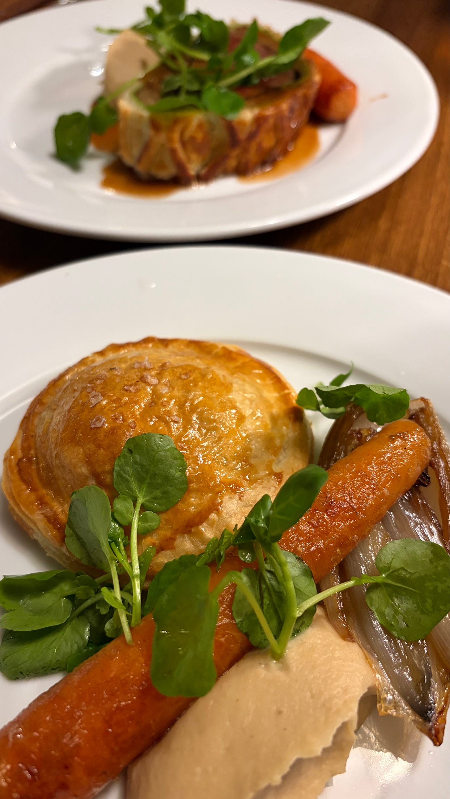 main course of beef wellington and pumpkin pithvier