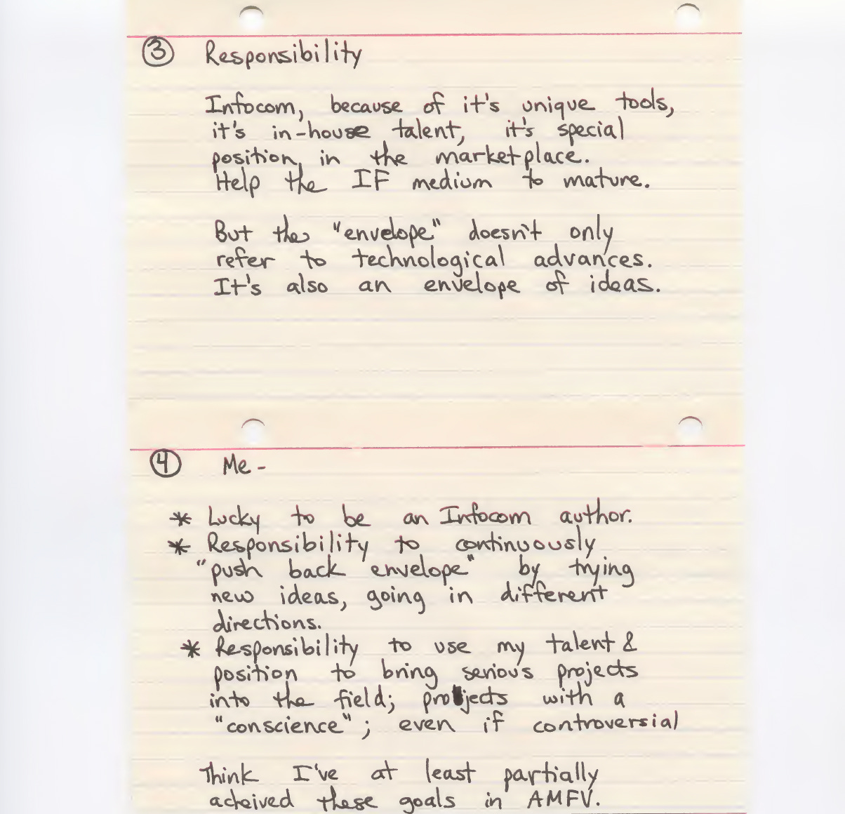 Handwritten talking points on note cards prepared by Steve Meretzky for the press conference Infocom organized for the launch of A Mind Forever Voyaging on September 9, 1985.
