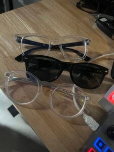 Top to bottom: Raybans made in Italy, computer glasses frames from Lenscrafters, made in China, sunglasses frames from Costco, made in China.