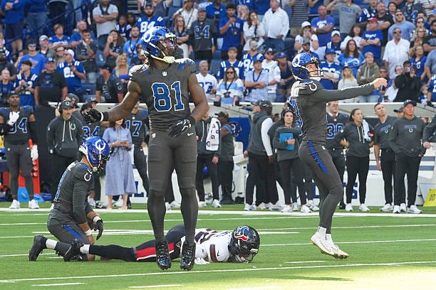Spencer Shrader of the Indianapolis Colts looks on after making a field goal against the Houston Texans during the fourth quarter of the game at... Spencer Shrader of the Indianapolis Colts looks on after making a field goal against the Houston Texans during the fourth quarter of the game at...