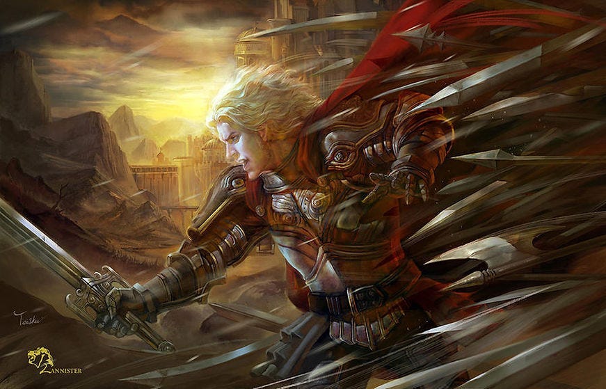 A warrior in ornate armor wields a sword, surrounded by swirling motion. A castle rises against a dramatic sunset. Red cape flows behind. A warrior in ornate armor wields a sword, surrounded by swirling motion. A castle rises against a dramatic sunset. Red cape flows behind.