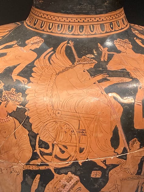 Various ceramics, vases, paintings, posters, iconography, statues, ruins, caves with wings