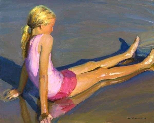 This may contain: a painting of a woman laying on the beach with her legs spread out and feet in the water This may contain: a painting of a woman laying on the beach with her legs spread out and feet in the water
