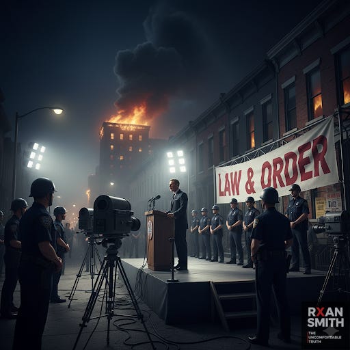 Ultra-detailed 16:9 photorealistic image. Late 1960s American city at night: a politician giving a “law and order” speech on a stage in front of a banner with those words in huge letters, TV cameras pointed at him. In the midground, heavily armed officers stand in front of row houses, floodlights illuminating the street. In the background, burning buildings and smoke hint at recent unrest. Campaign posters, old TV cameras, and police vehicles from the era are accurate. Mood: theatrical, menacing, fear turned into campaign branding