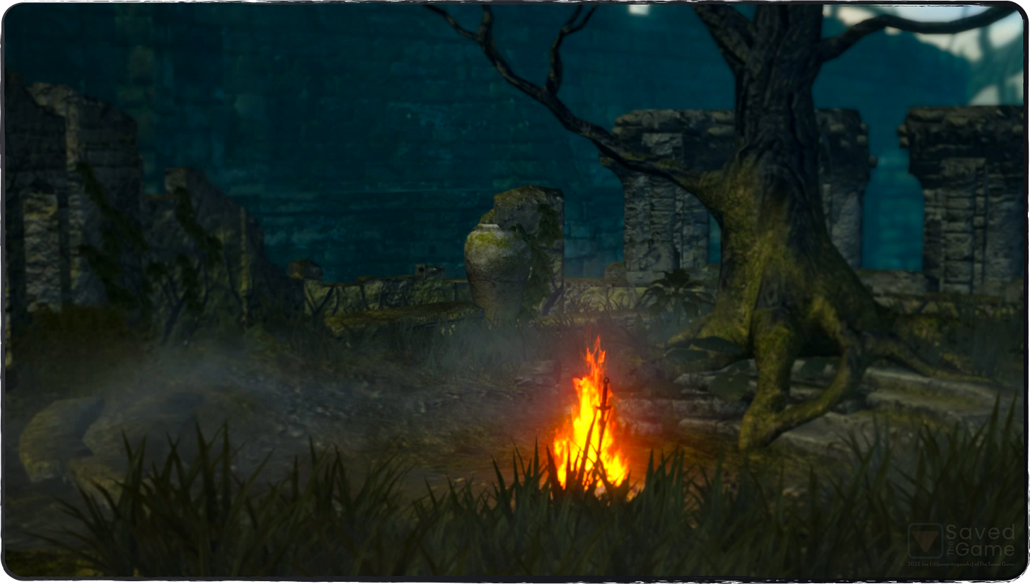 An image showing the peaceful respite and bonfire of Firelink Shrine!