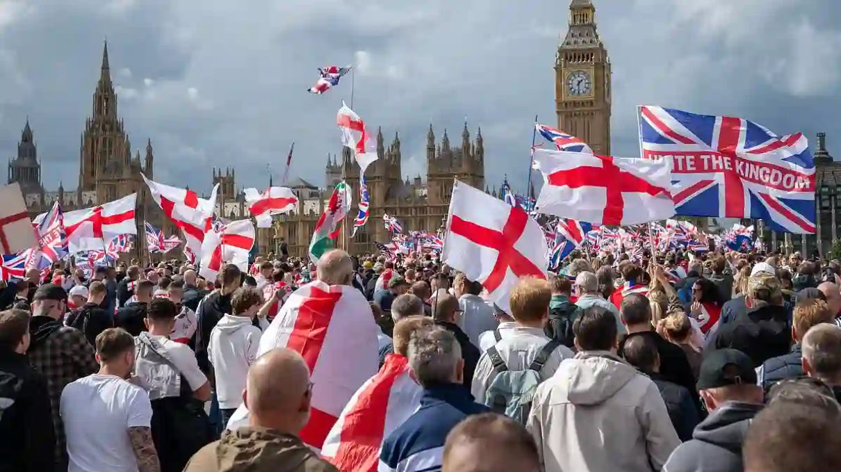 Demonstrators in Central London hold flags that read "Unite the Kingdom"