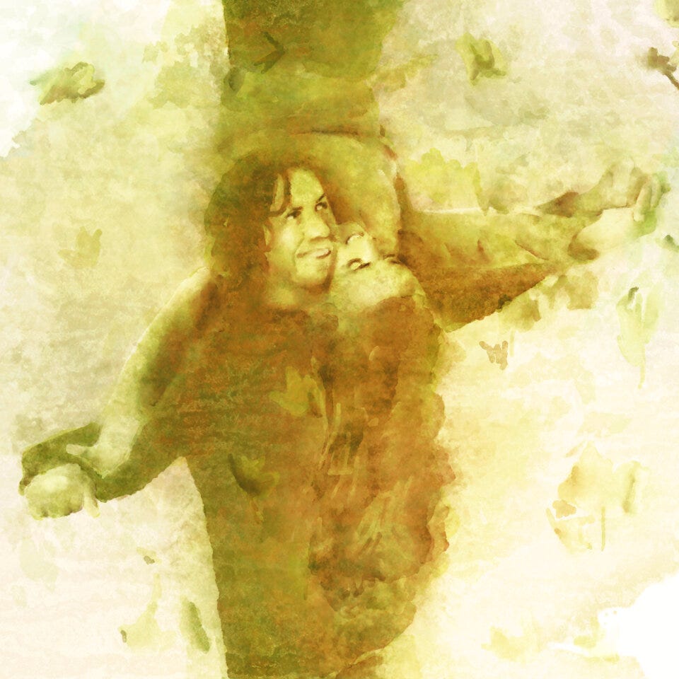 A vibrant green and gold watercolour-style, hand-painted digital painting. The man holds the woman upside down on his shoulders and they both laugh in delight. Autumn leaves tumble around them. A vibrant green and gold watercolour-style, hand-painted digital painting. The man holds the woman upside down on his shoulders and they both laugh in delight. Autumn leaves tumble around them.