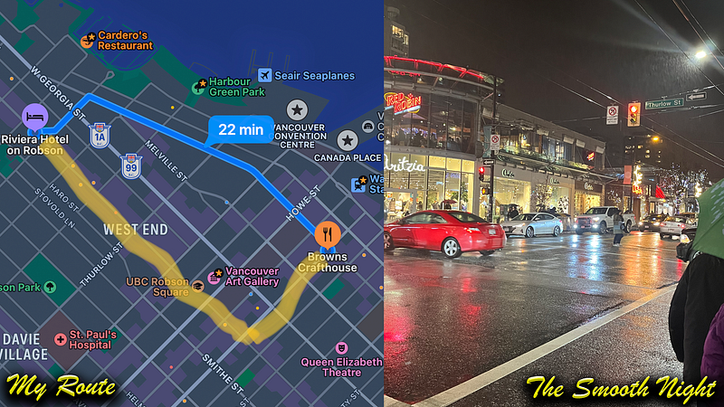 My route back to the hotel and a picture of busy Robson St during a rainy night
