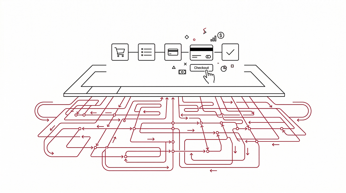 Editorial illustration showing a digital checkout interface above a larger hidden execution system of fulfillment, delivery, returns, and customer support.