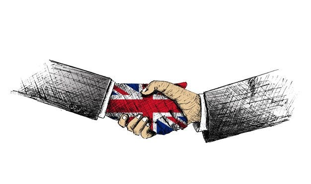 Free vector united kingdom flag uk businessman deal hand shake vector illustration