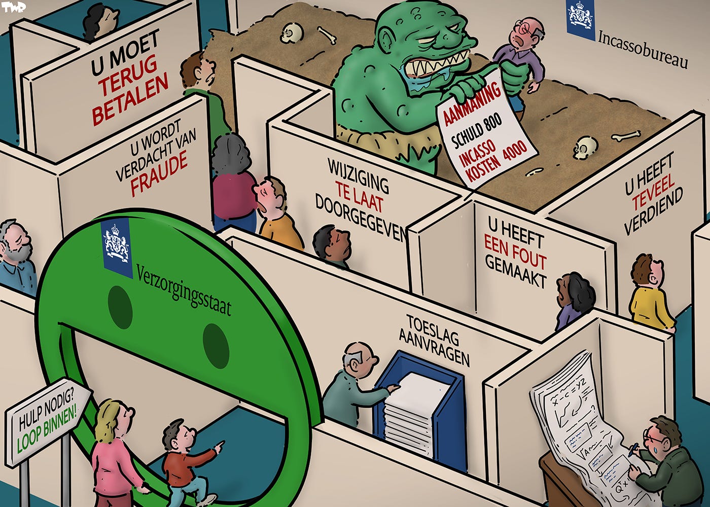 Cartoon waarop een labyrint te zien is. Aan het begin van het doolhof staat een poort in de vorm van een grote lachende smiley en de tekst 'Verzorgingsstaat' en een bord 'Hulp nodig? Loop binnen!' In de volgende ruimte staat een bak met aanvragen; in de ruimte daarna is iemand bezig om een zeer gecompliceerde aanvraag in te vullen. Dieper het labyrint dwalen mensen rond; op de muren staan de teksten 'U heeft een fout gemaakt','U heeft teveel verdiend', U wordt verdacht van fraude' en 'U moet terug betalen'. Alle gangen komen uit op een centrale ruimte waarin zich een monster bevind, schedels op de vloer en de tekst 'incassobureau'; het monster heeft een persoon vast in een hand en een aanmaning in de andere waarop te lezen is dat de persoon een schuld heeft van 800 euro en incassokosten van 4000 euro.