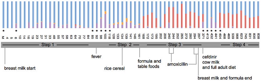 Before the introduction of solid foods in the infant diet, microbial genes for carbohydrate digestion are already present. Before the introduction of solid foods in the infant diet, microbial genes for carbohydrate digestion are already present.