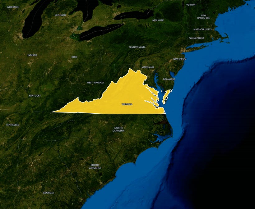 Virginia. Map credits: Open Street Map, Modified Copernicus Sentinel data. Virginia. Map credits: Open Street Map, Modified Copernicus Sentinel data.