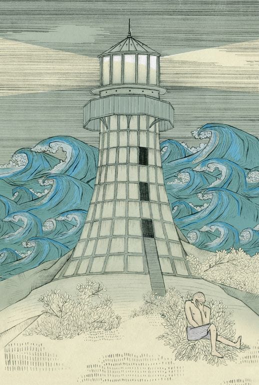 This may contain: a drawing of a man sitting in front of a lighthouse