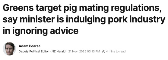 Headline: "Greens target pig mating regulations, say minister is indulging pork industry in ignoring advice." Headline: "Greens target pig mating regulations, say minister is indulging pork industry in ignoring advice."