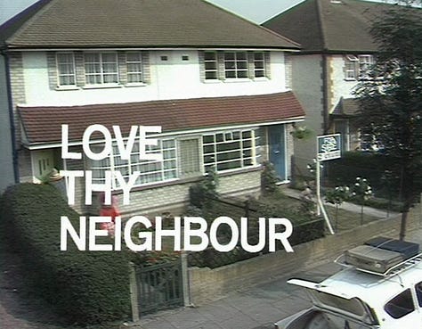 Fletch looking at a urine sample flask, Eddie Booth from Love Thy Neighbour reading a newspaper, and the title sequence from the pilot of Love Thy Neighbour