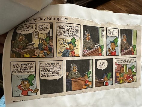 Comic strips from the Sunday paper cut out and glued to pieces of printer paper and then held together by binder clips. The front cover is a manila piece of cardstock with colorful lettering: "Comics of all my favorite comics"