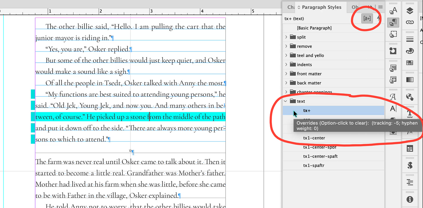 InDesign Paragraph Styles panel showing the Style Override Highlighter and a tooltip listing H&J overrides affecting a paragraph style.