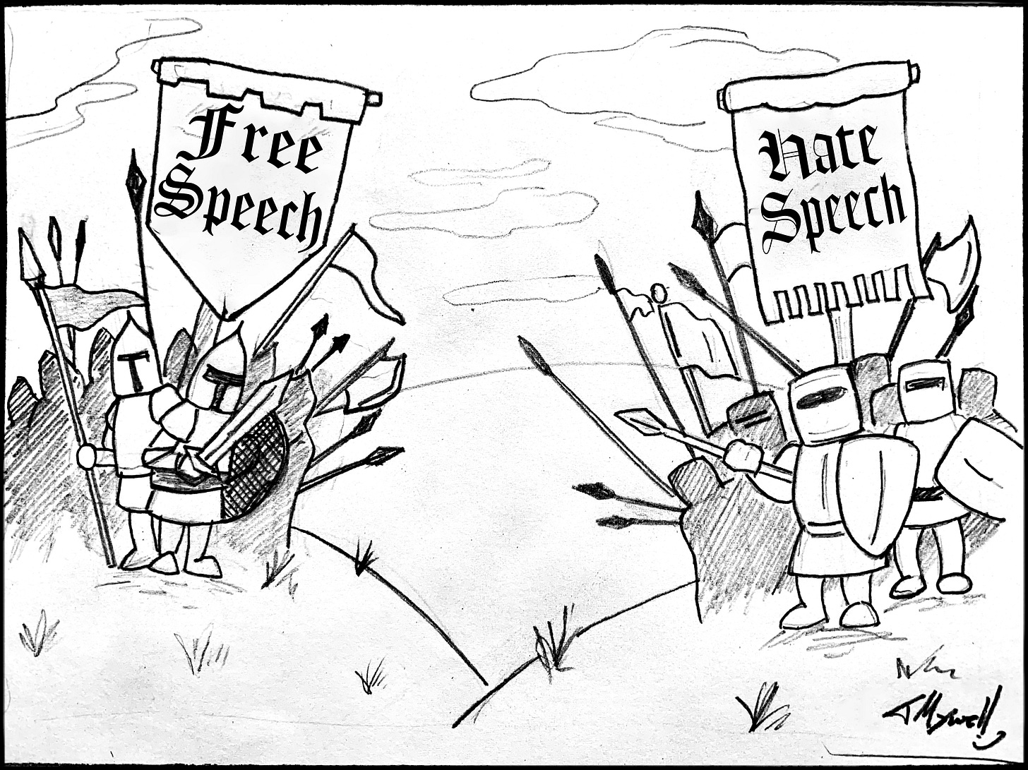 cartoon: two medeival armies facing off, one with a Free Speech banner, the other with a Hate Speech banner
