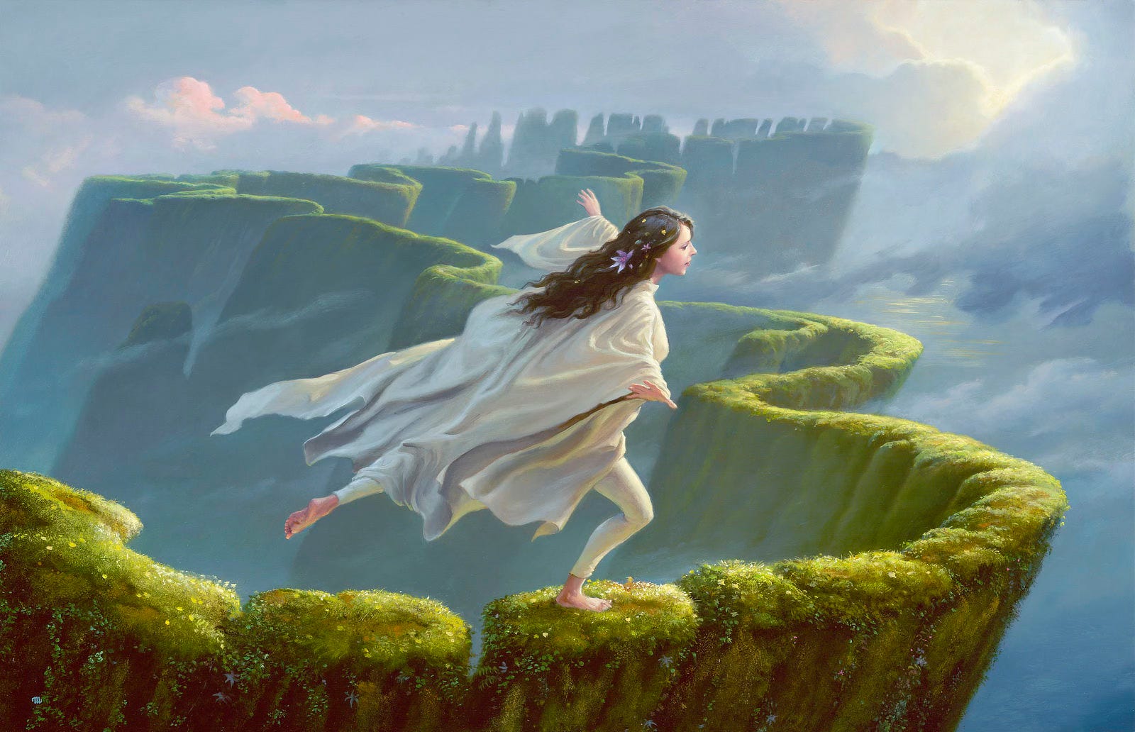 With flowers decorating her long dark hair, a young woman draped in flowing white fabric spreads her arms wide as she dances along the top of a moss covered wall. The narrow path set high in the clouds unwinds like a ribbon, zigzagging left to right and back again. As the path recedes into the distance breaks become larger and more apparent. With flowers decorating her long dark hair, a young woman draped in flowing white fabric spreads her arms wide as she dances along the top of a moss covered wall. The narrow path set high in the clouds unwinds like a ribbon, zigzagging left to right and back again. As the path recedes into the distance breaks become larger and more apparent.