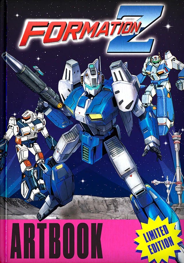 Cover of Formation Z Artbook (Limited Edition) featuring three blue-and-white humanoid mechs posed on a rocky surface under a starry space sky, with the central robot holding a large futuristic cannon. Bold red and blue “Formation Z” title at the top, “ARTBOOK” in large pink text at the bottom, and a yellow “Limited Edition” badge in the corner.
