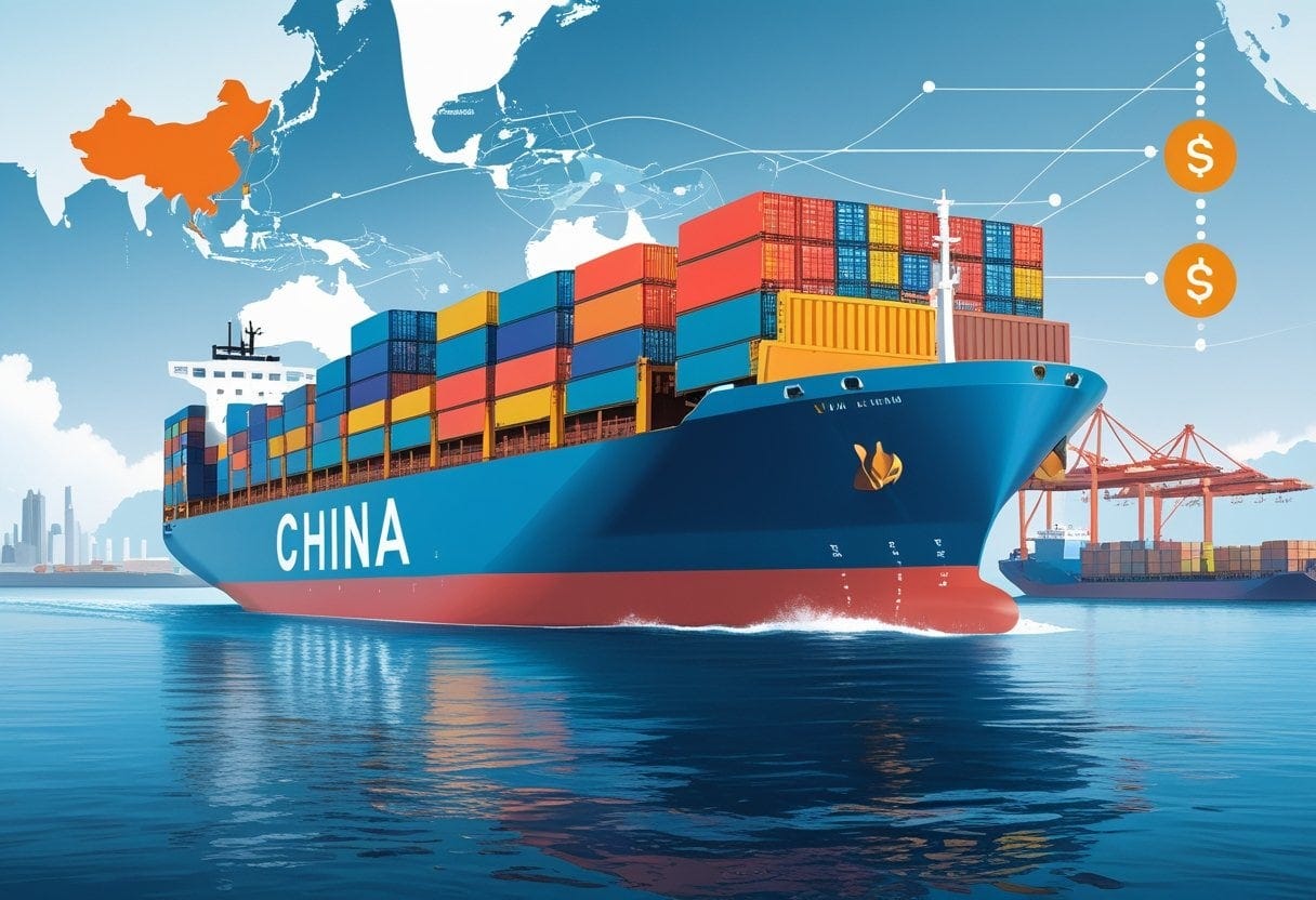 A cargo ship loaded with containers sailing near a busy port with cranes, with a subtle map of China in the background and icons representing shipping costs and routes.